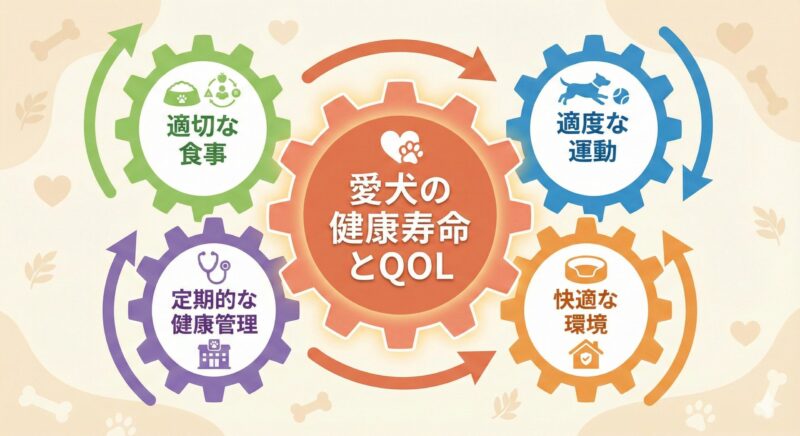 4つの習慣（食事、運動、環境、健康管理）が歯車として噛み合い、中央にある「愛犬の健康寿命とQOL」という大きな歯車を回していることを示す図解。