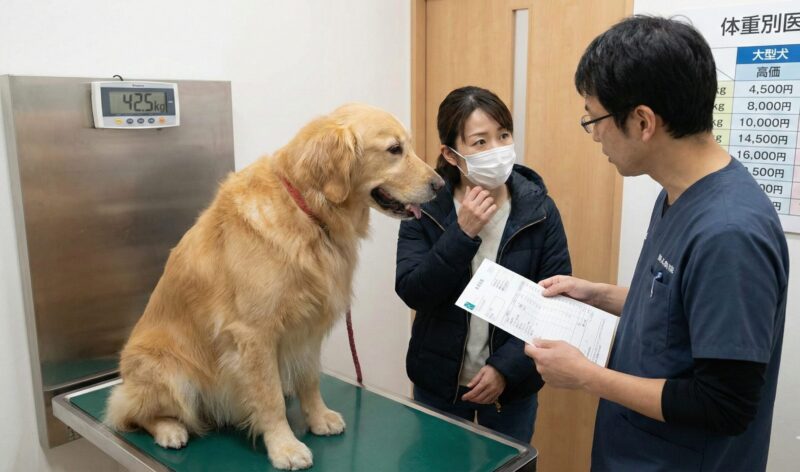 動物病院で体重別課金される大型犬の医療費と、日本の獣医師と話す飼い主の様子