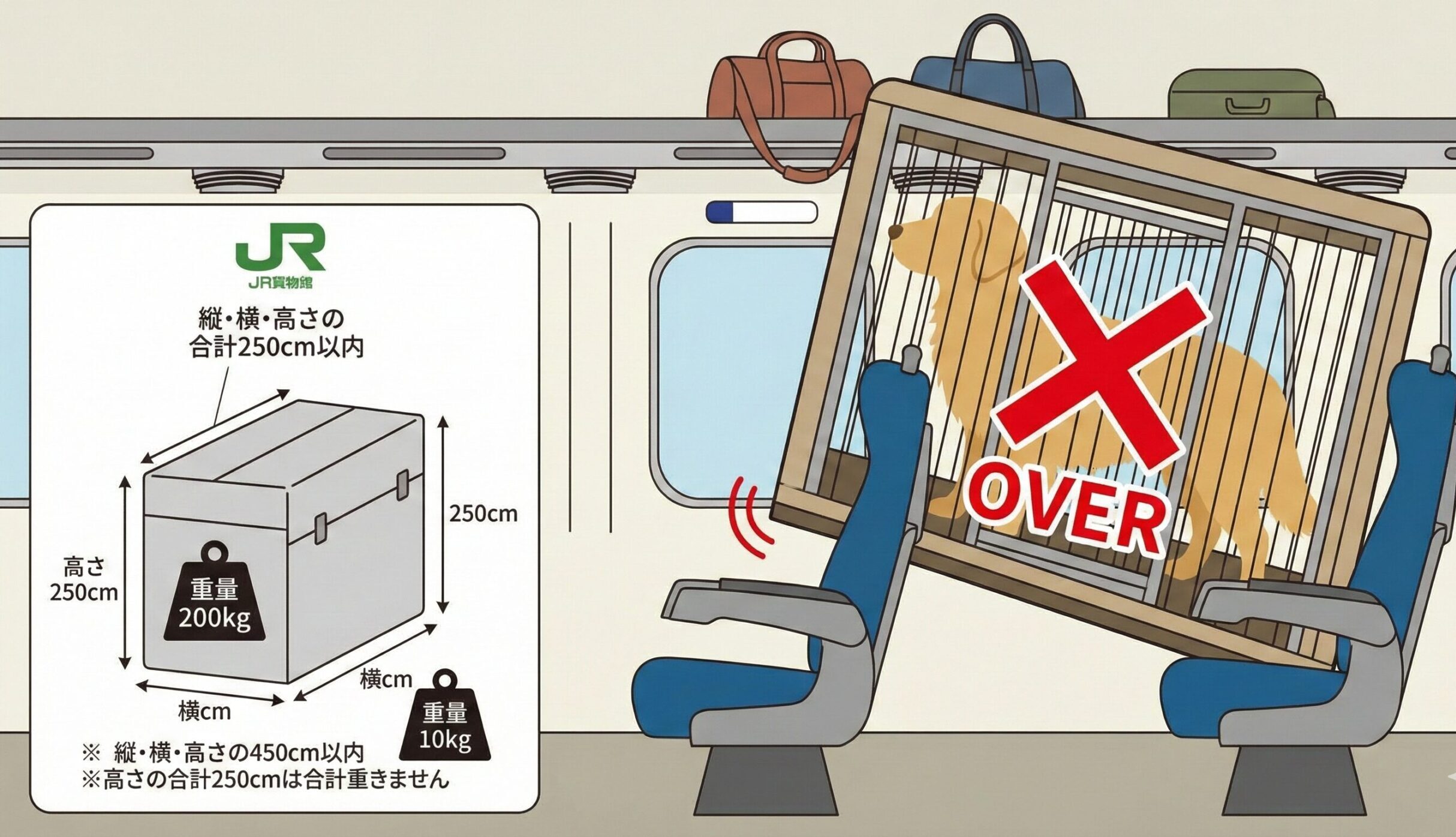 大型犬用の大きなクレートが、電車の座席や荷物スペースの規定サイズに入らず、オーバーしている様子のイラスト