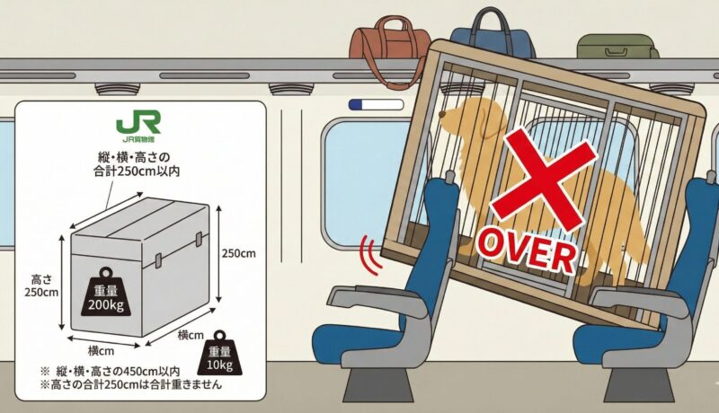 大型犬用の大きなクレートが、電車の座席や荷物スペースの規定サイズに入らず、オーバーしている様子のイラスト