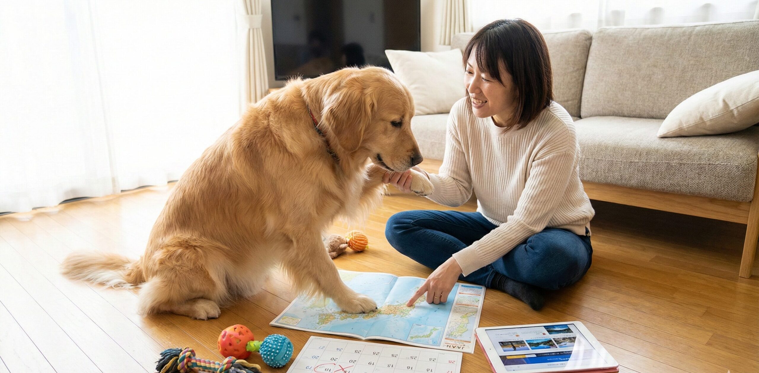 大型犬のゴールデンレトリバーと、その犬と一緒に旅行の計画を立てる日本人の飼い主