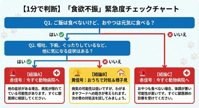 犬の食欲不振の緊急度を判断するフローチャート。おやつを食べるか、他に症状があるかで分岐し、「今すぐ病院へ」か「おうちで対処」かを判断できる。