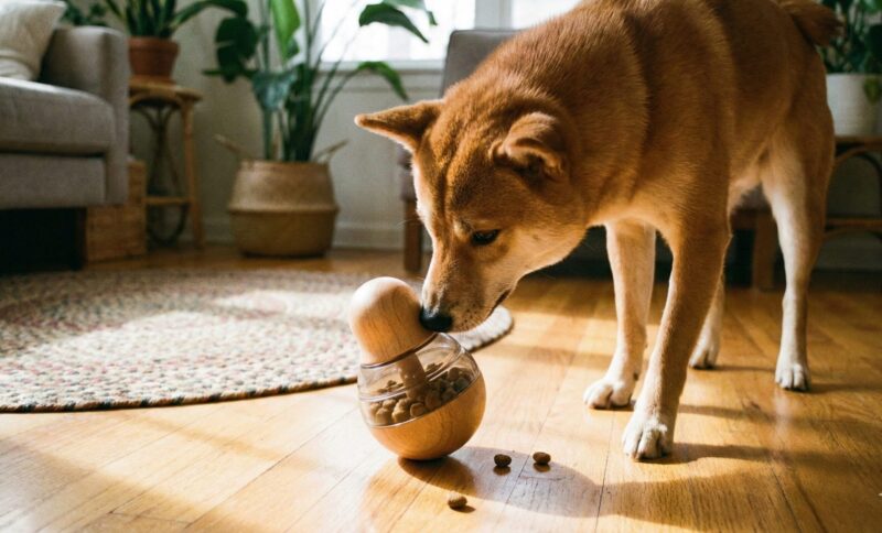 起き上がりこぼし型の知育玩具を鼻先で転がして中のおやつを出そうと試みている中型犬