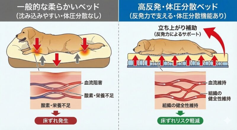 体圧分散機能により床ずれリスクが軽減される仕組みを示す図解
