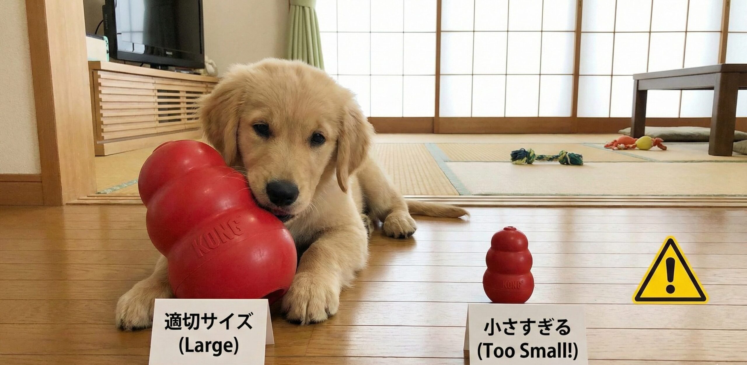誤飲を防ぐため子犬のサイズに対して適切なパピーコングと小さすぎるコングを並べた比較画像
