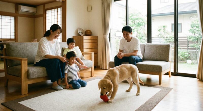 日本人の飼い主一家がリビングで子犬がパピーコングで安全に遊んでいるのを見守る様子