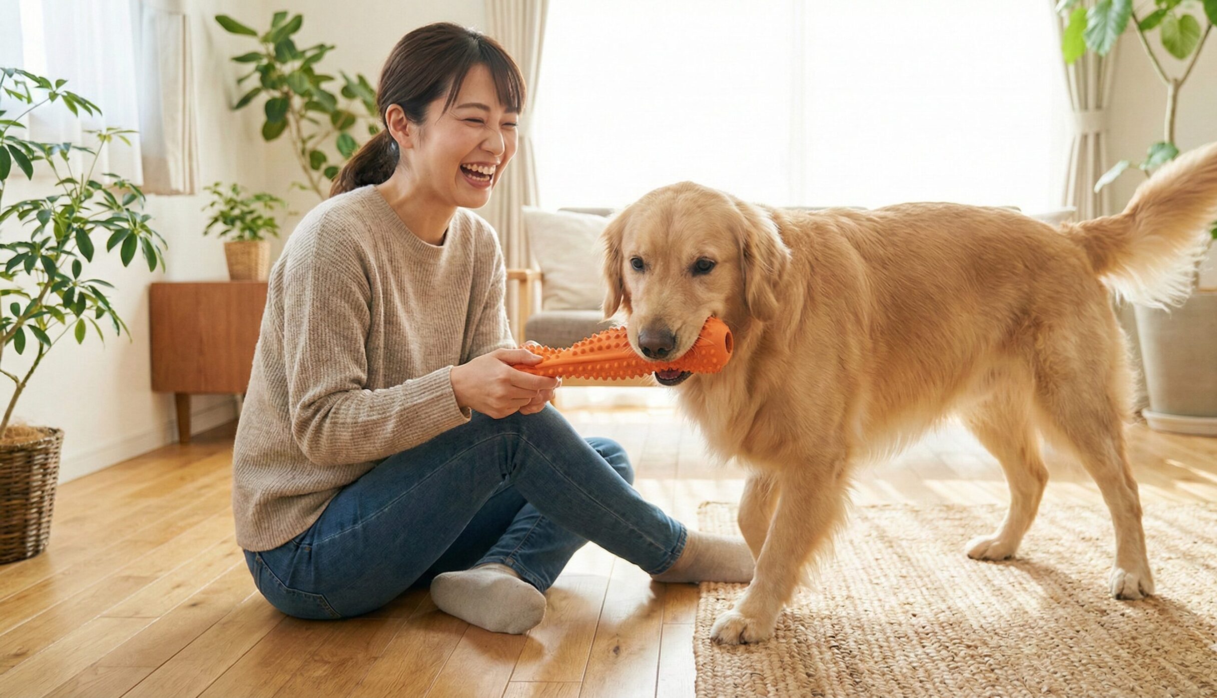 飼い主が愛犬に天然ゴム製の弾力性のある安全なおもちゃを与えて遊んでいる様子