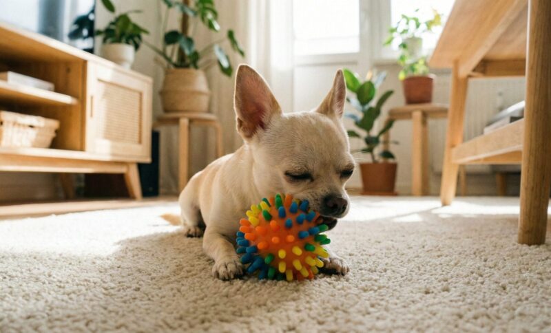 表面に突起がついたカラフルなイガイガボールを優しく噛んで遊ぶチワワなどの小型犬。