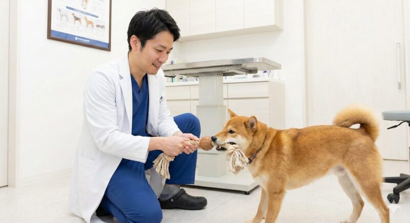 動物病院の診察室で、獣医師が耐久性のあるおもちゃで遊ぶ中型犬と優しく触れ合っている様子