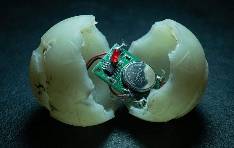 割れた光る犬用ボールの断面から露出した小さなボタン電池と電子基板。危険性を訴えるイメージ。