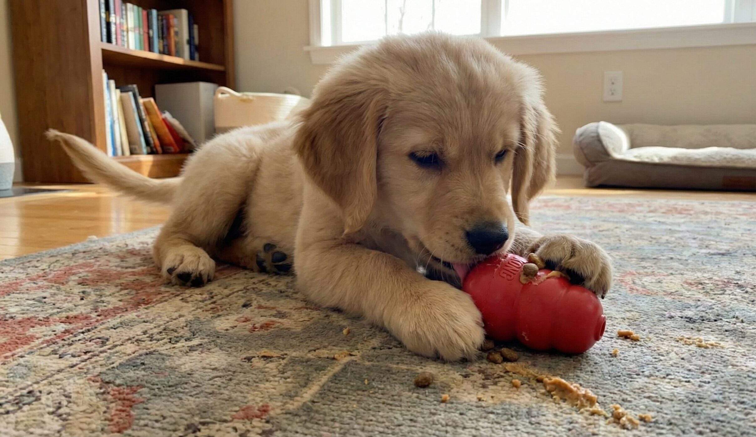 子犬がフードを詰めた知育玩具パピーコングから中身を取り出そうと集中している様子