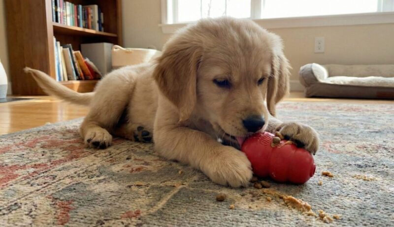 子犬がフードを詰めた知育玩具パピーコングから中身を取り出そうと集中している様子