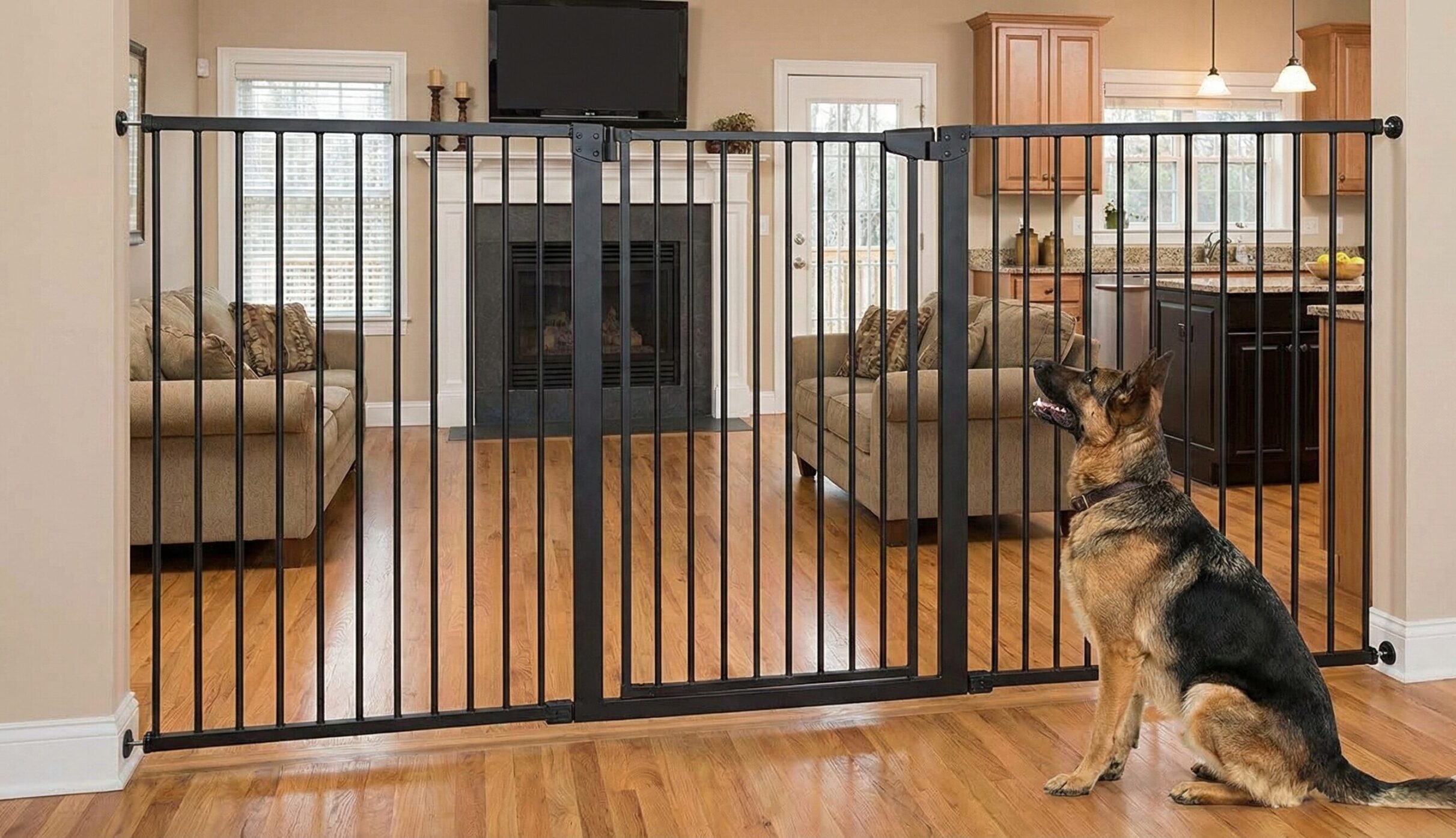 リビングの危険エリアを仕切るために設置された、大型犬が飛び越えられない高さ（150cm以上）の頑丈なベビーゲート（縦格子）。