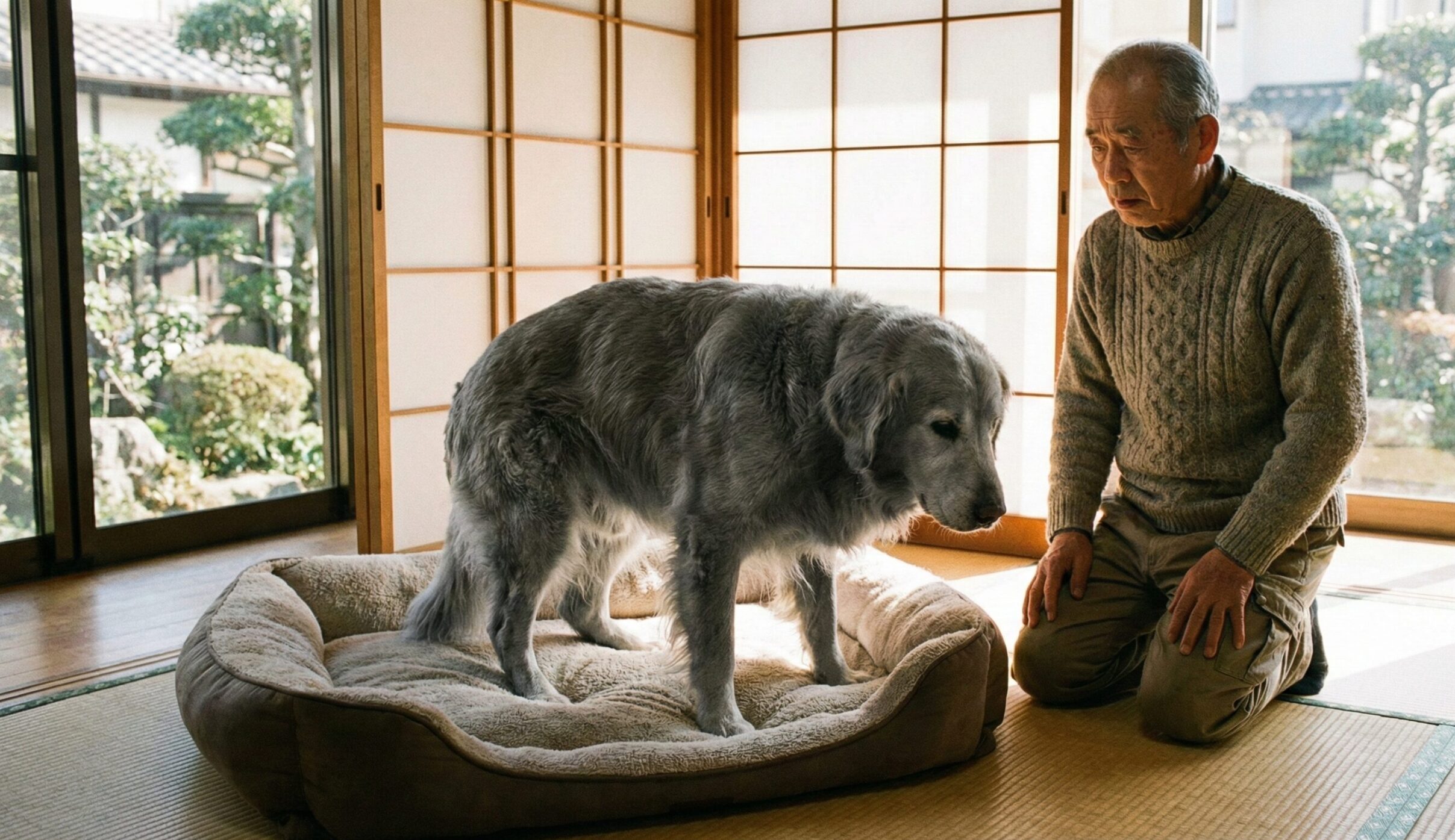 柔らかすぎるベッドから立ち上がりにくそうにしている大型シニア犬を見つめる日本人飼い主の不安