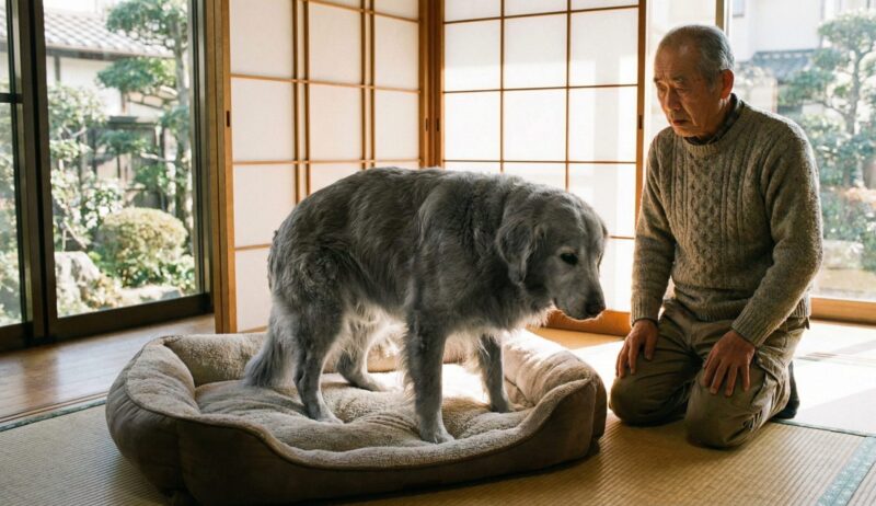 柔らかすぎるベッドから立ち上がりにくそうにしている大型シニア犬を見つめる日本人飼い主の不安