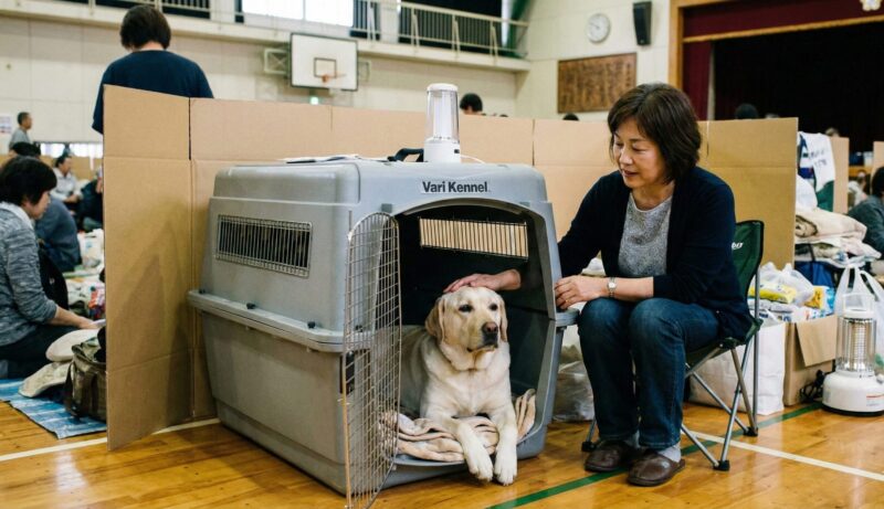 災害時の避難所で、頑丈なハードクレート（バリケンネル）の中で落ち着いて待機している大型犬と、付き添うアジア人（日本人）の飼い主。