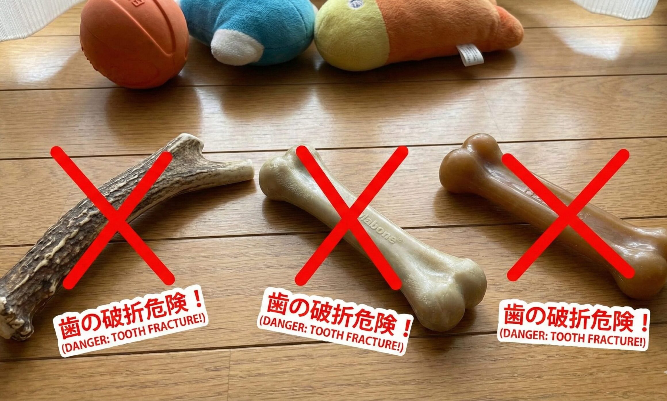 鹿の角や硬質ナイロンなど、犬の歯の破折の原因となる硬すぎるおもちゃにバツ印がついた写真
