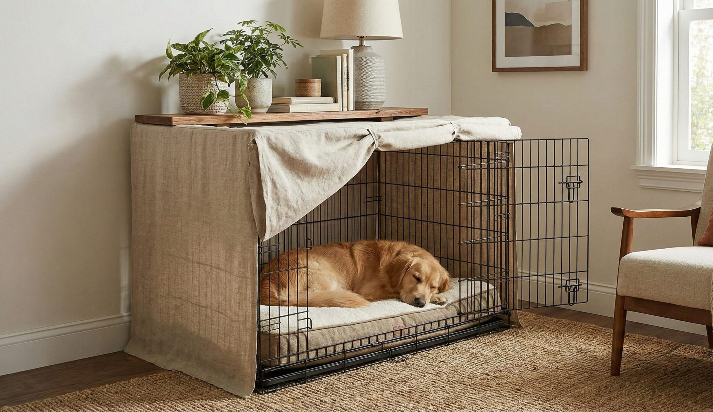 大型犬のケージを部屋の隅（コーナー）の壁際に配置し、布で目隠しをしてインテリアになじませた、落ち着けるレイアウトの例。