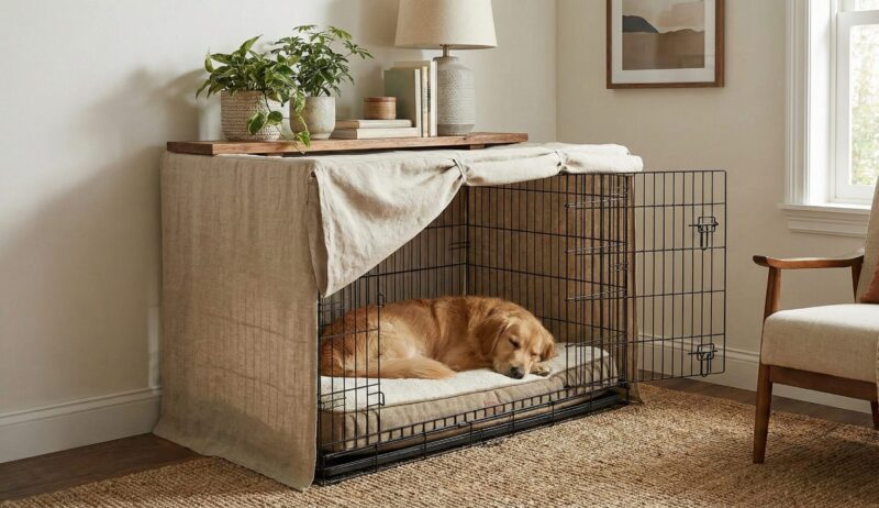 大型犬のケージを部屋の隅（コーナー）の壁際に配置し、布で目隠しをしてインテリアになじませた、落ち着けるレイアウトの例。