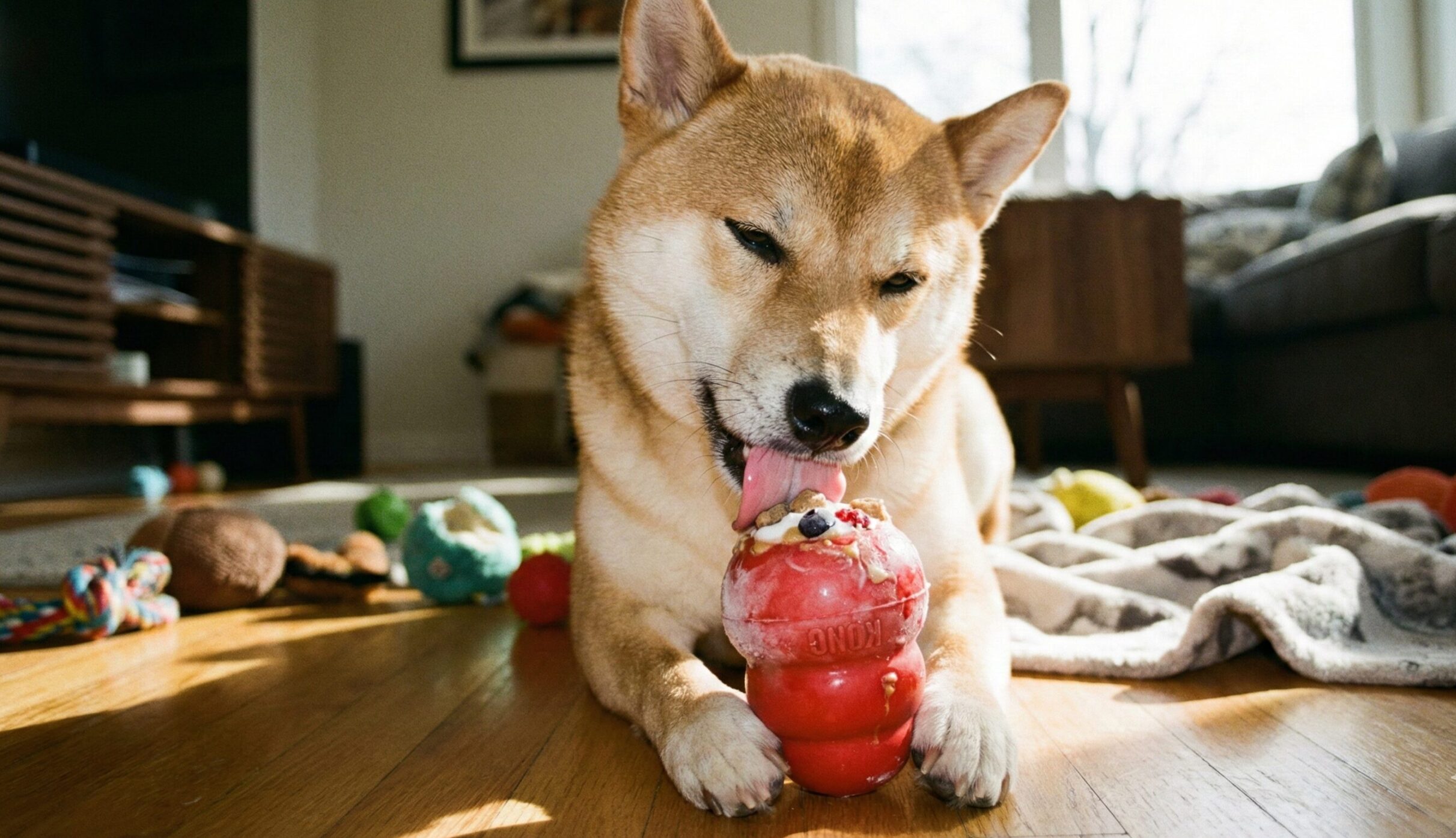 凍らせたおやつが詰められたコングを夢中になって舐めている中型犬（柴犬など）