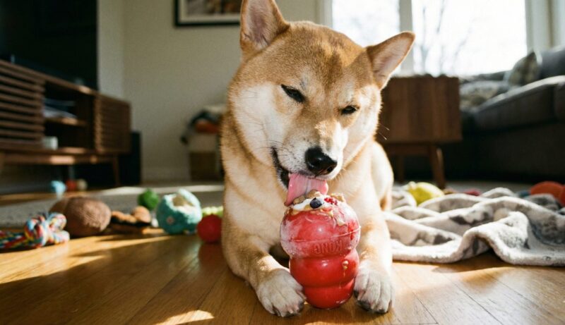 凍らせたおやつが詰められたコングを夢中になって舐めている中型犬（柴犬など）