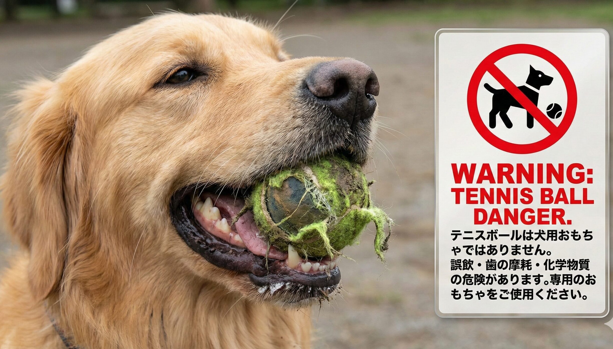 表面のフェルトが削れて毛羽立ったテニスボールを激しく噛んでいる犬のアップと、その横にテニスボールの使用上の注意点を示す警告マーク。