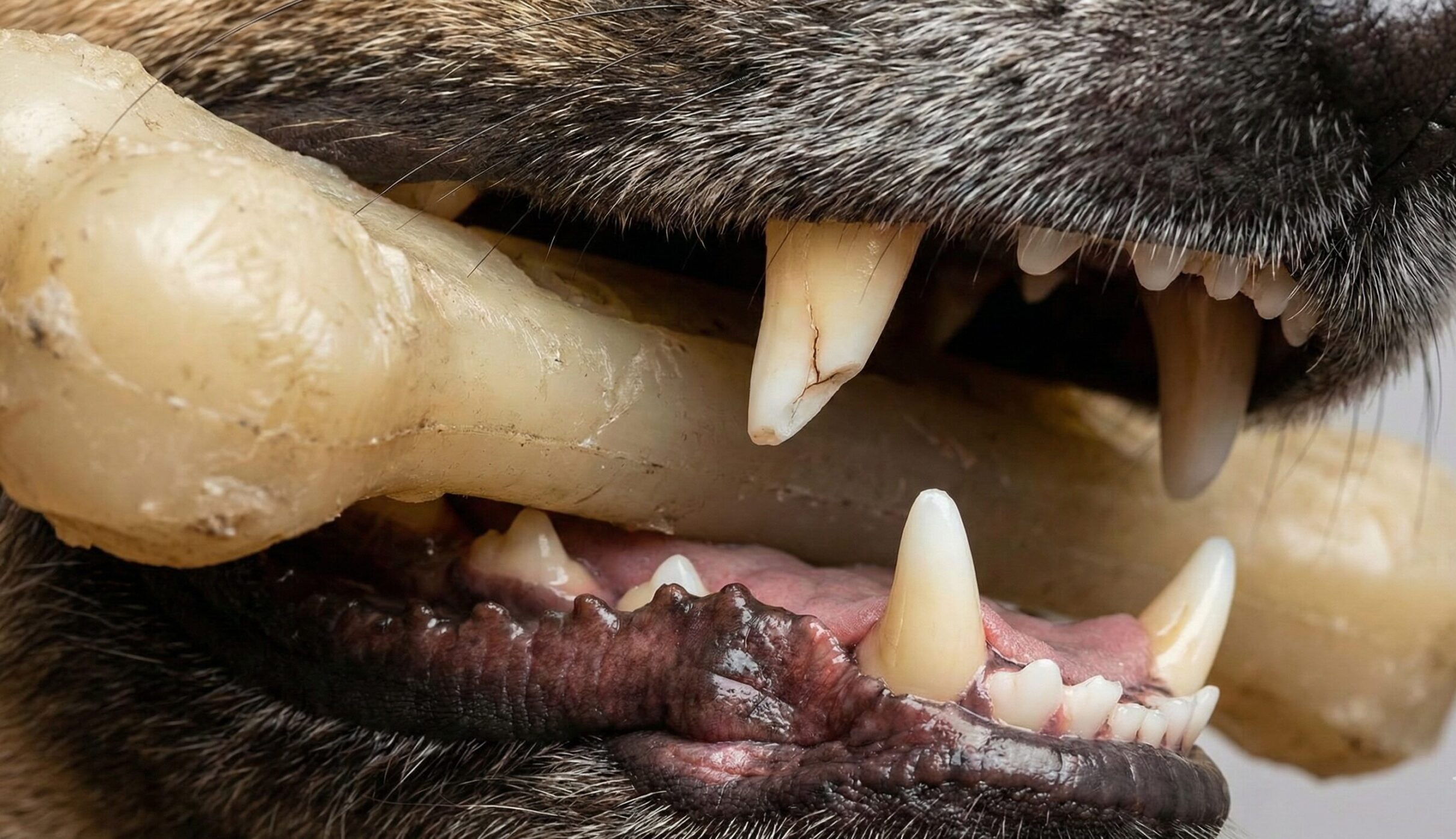 犬が硬すぎるおもちゃを噛むことで歯の先端が欠けたり亀裂が入ったりする様子を捉えたクローズアップ写真