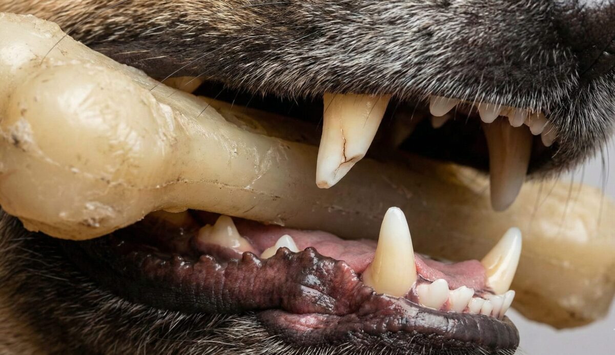 犬が硬すぎるおもちゃを噛むことで歯の先端が欠けたり亀裂が入ったりする様子を捉えたクローズアップ写真