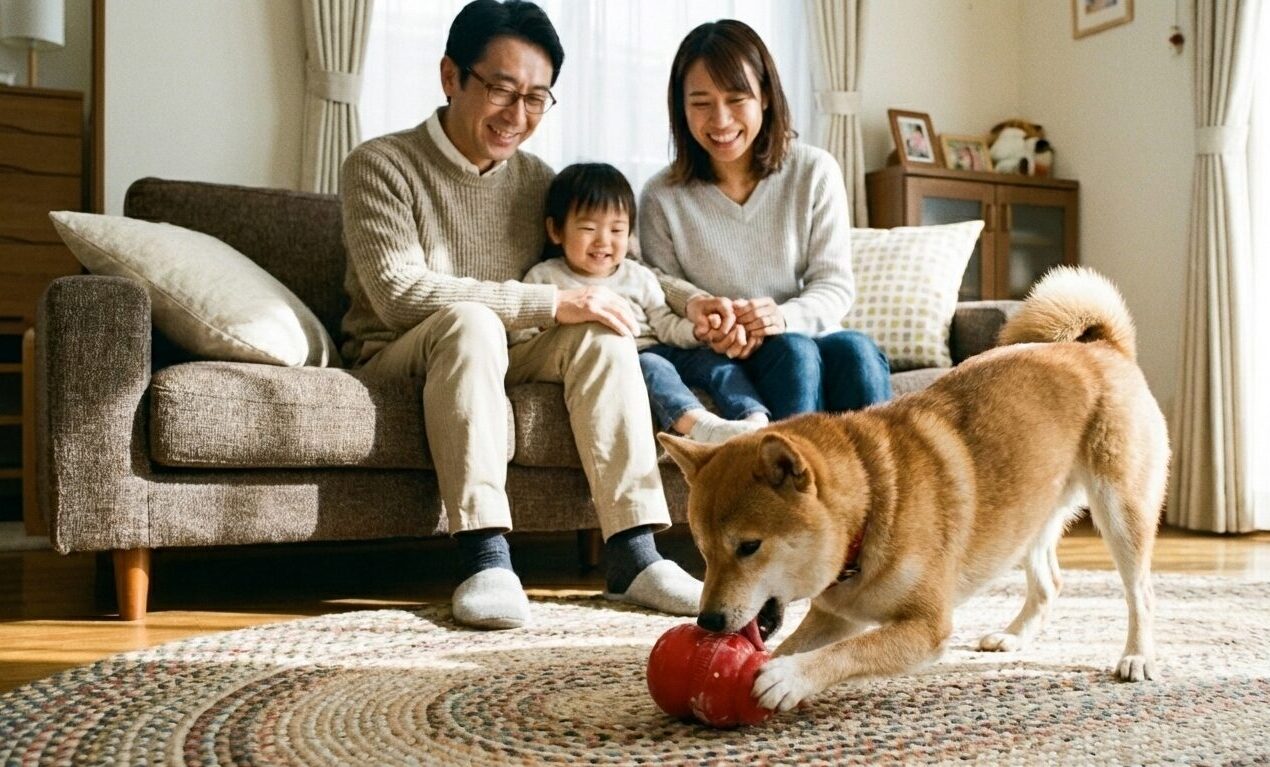 安全な耐久性のあるおもちゃで遊ぶ中型犬と、それを見て笑顔で安心している飼い主の家族