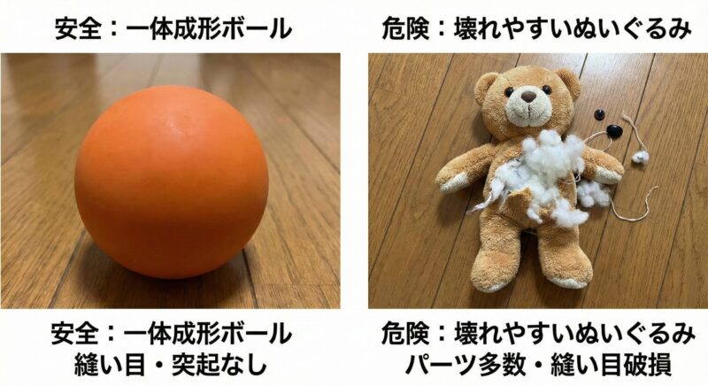 縫い目や突起のない一体成形の安全なボール型おもちゃと、パーツが多く縫い目から壊れやすいぬいぐるみの比較