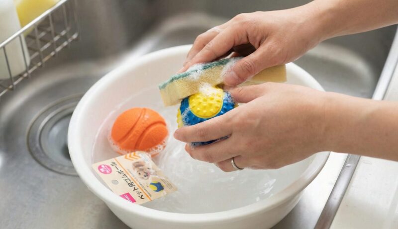 ダイソーで購入したばかりの犬用ゴムボールを、ぬるま湯と中性洗剤で丁寧に洗っている日本人女性の飼い主の手元。