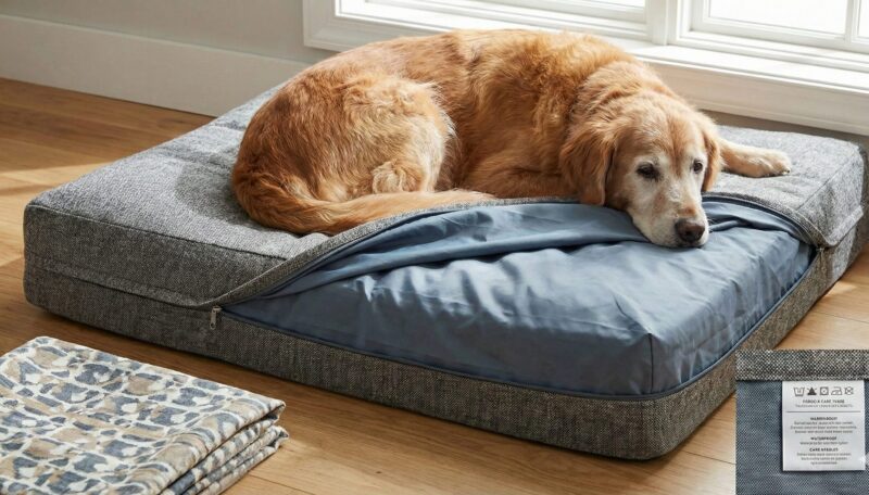 汚れから本体を守る防水インナーカバーと洗えるカバーで構成されたシニア犬用ベッド