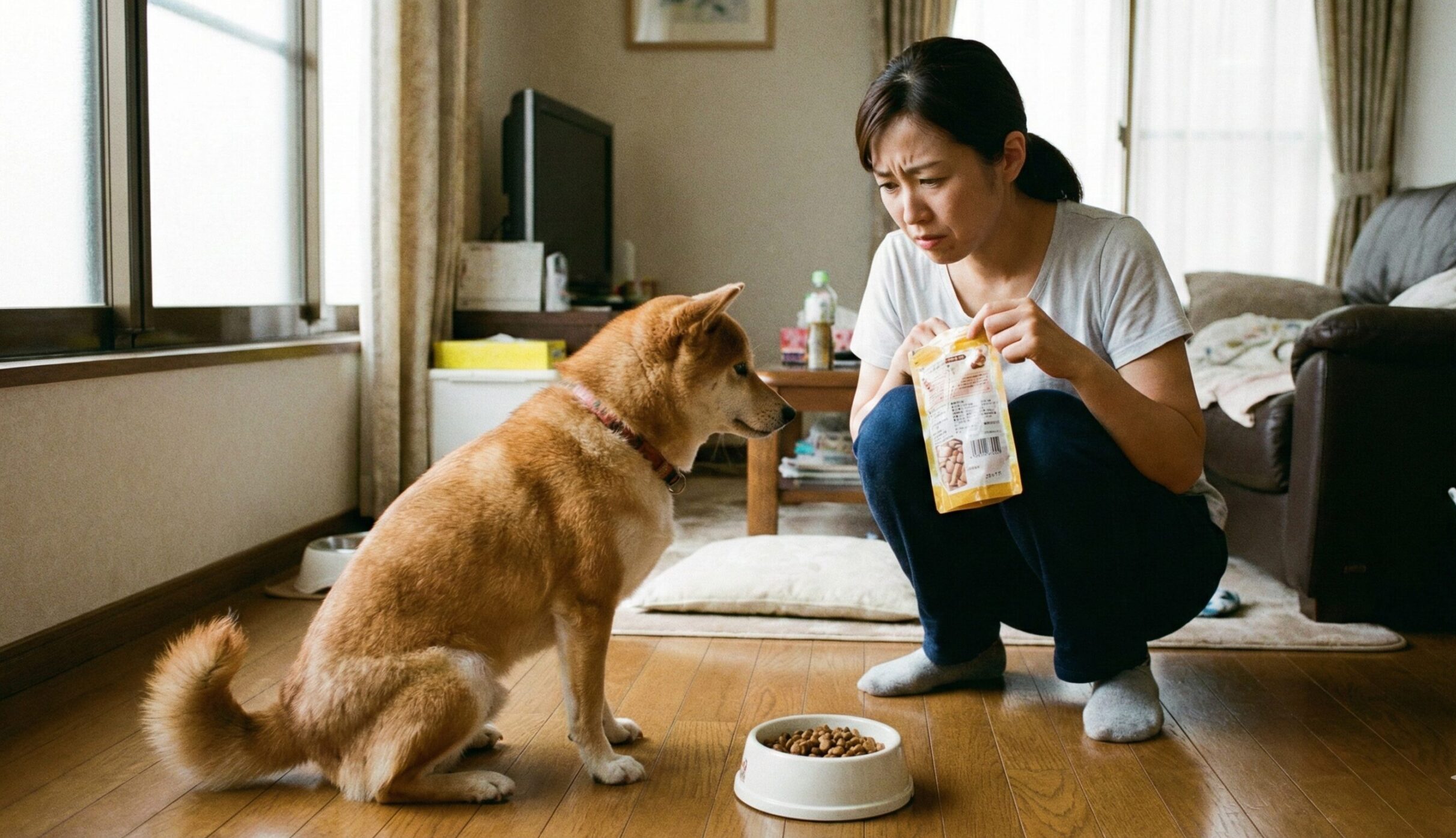 ご飯を拒否し、おやつに目を向ける愛犬に悩み、不安そうな表情を浮かべる日本人女性の飼い主