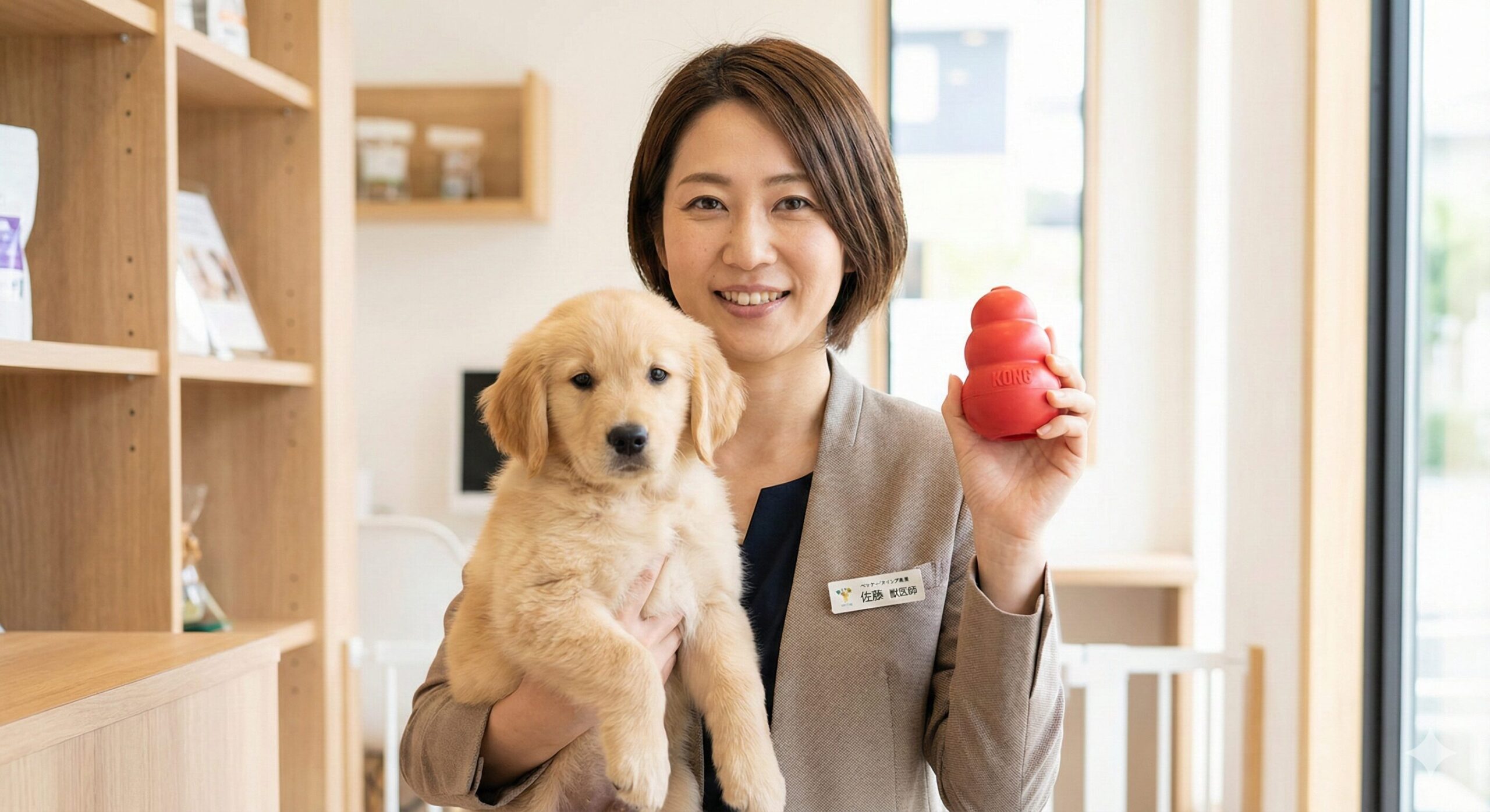 子犬を抱きパピーコングを紹介する専門家（日本人女性）が自信と安心感を伝える様子