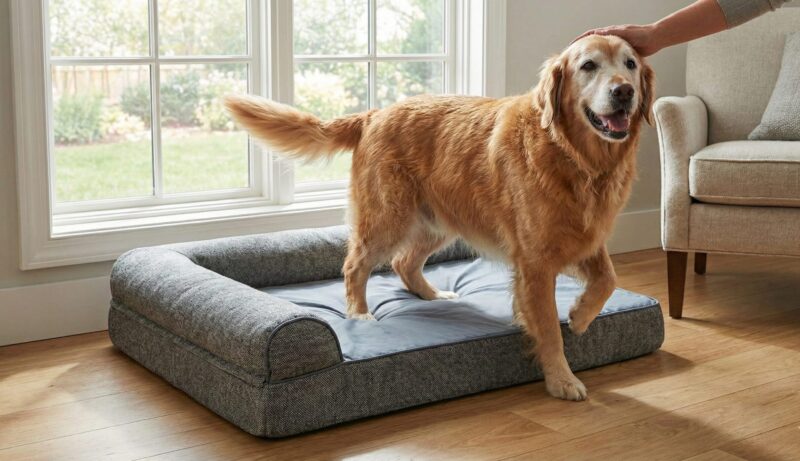  適切なベッドにより自力で楽に立ち上がれるようになり、元気を取り戻した大型シニア犬