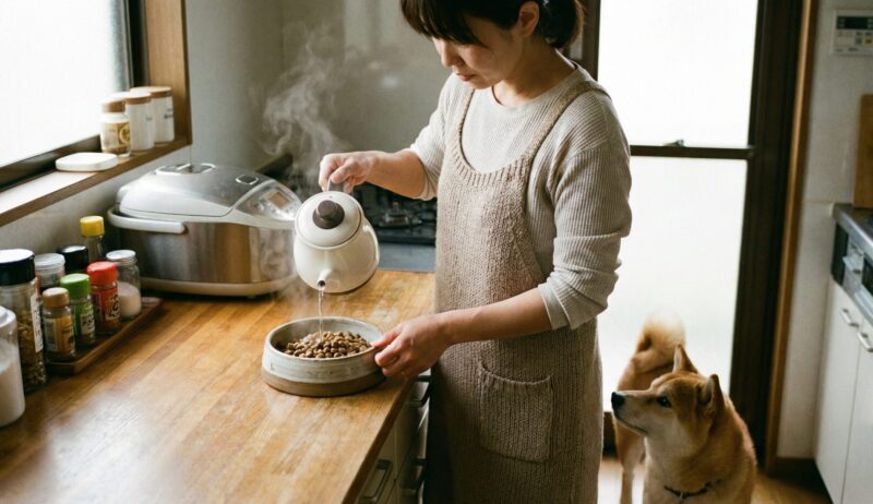ドッグフードの香りを高め食欲を刺激するために、ぬるま湯を少量かけてふやかしている様子