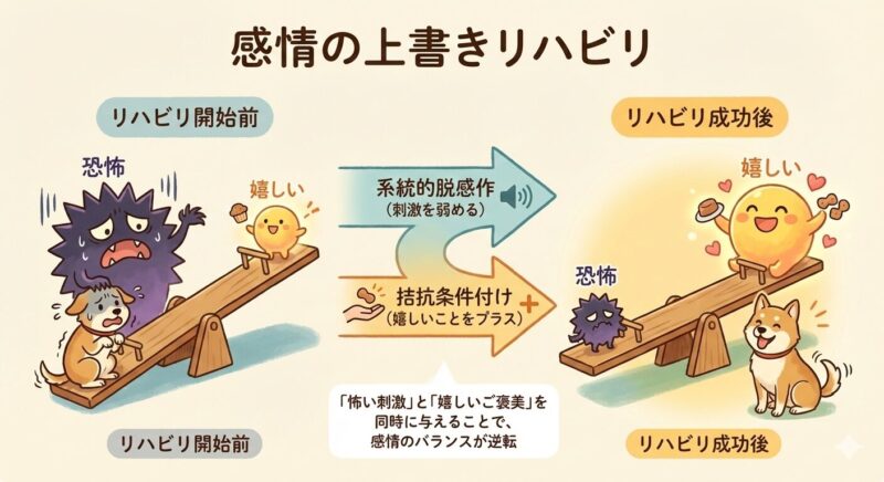 犬の恐怖と喜びの感情がシーソーのように入れ替わる図解。系統的脱感作と拮抗条件付けによって、恐怖が喜びで上書きされる様子を示している。