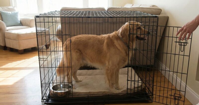 大型犬がケージ（クレート）の中で立ち上がり、無理なく方向転換ができる、適切なサイズのイメージ図。