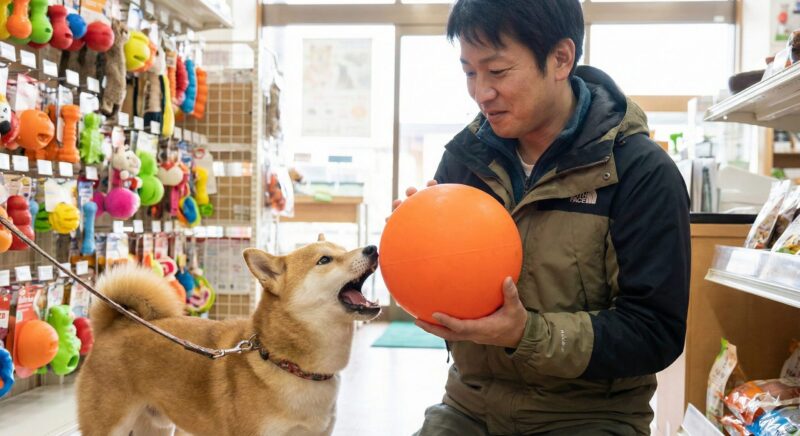 誤飲防止のため、中型犬の口よりも遥かに大きいLサイズのゴム製ボールを選ぶ飼い主の男性
