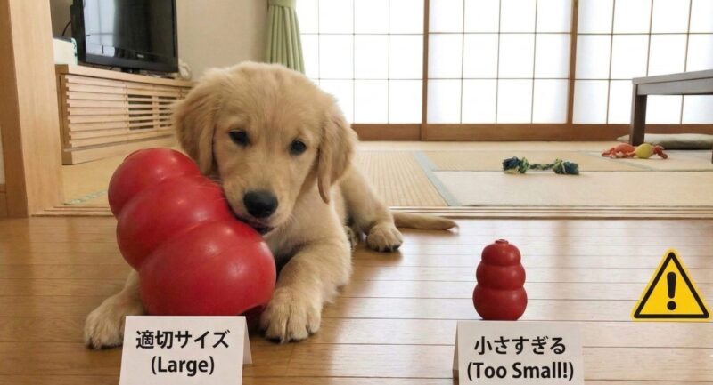 誤飲を防ぐため子犬のサイズに対して適切なパピーコングと小さすぎるコングを並べた比較画像