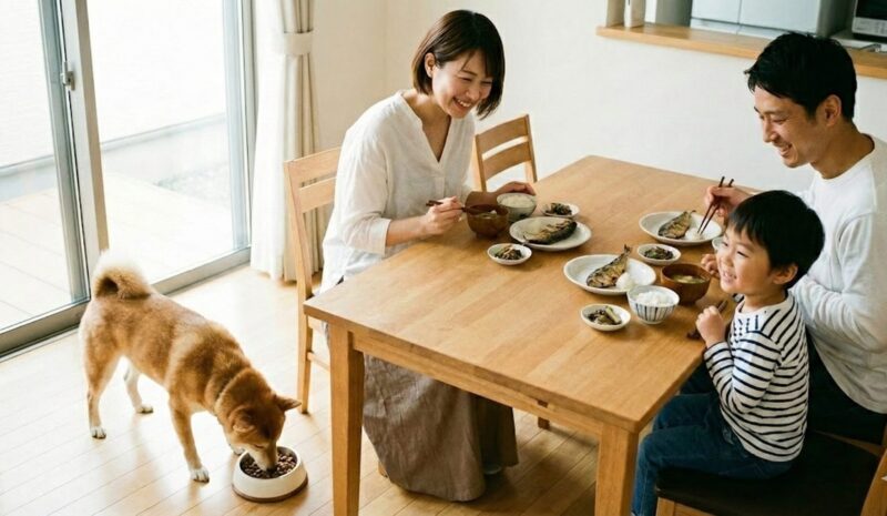食事へのわがままを克服し、愛犬が自信を持ってドッグフードを美味しく食べている家族の幸せな食事風景