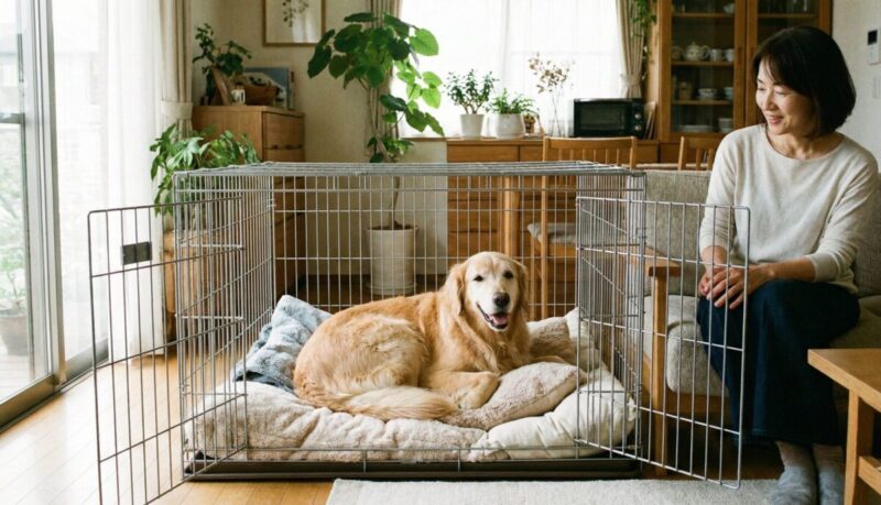 大型犬が快適な寝床として利用している広い金属製ケージ（クレート）と、それを見守る穏やかな表情のアジア人（日本人）の飼い主。