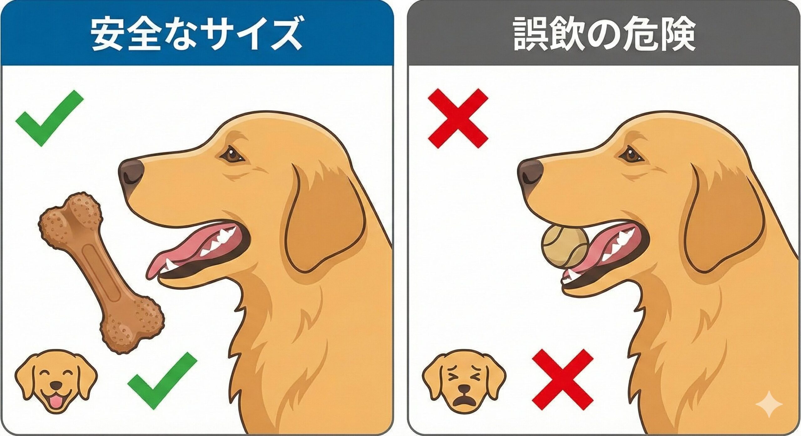犬の口の幅よりも明らかに大きい、誤飲を防ぐための安全なサイズのおもちゃを示した比較図