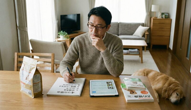 愛犬がドッグフードを食べない4つの主な理由を冷静に考える日本人男性の飼い主の様子