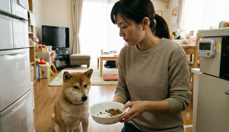 食事の主導権を握るため、ドッグフードを15分で引き上げるルールを実践している様子