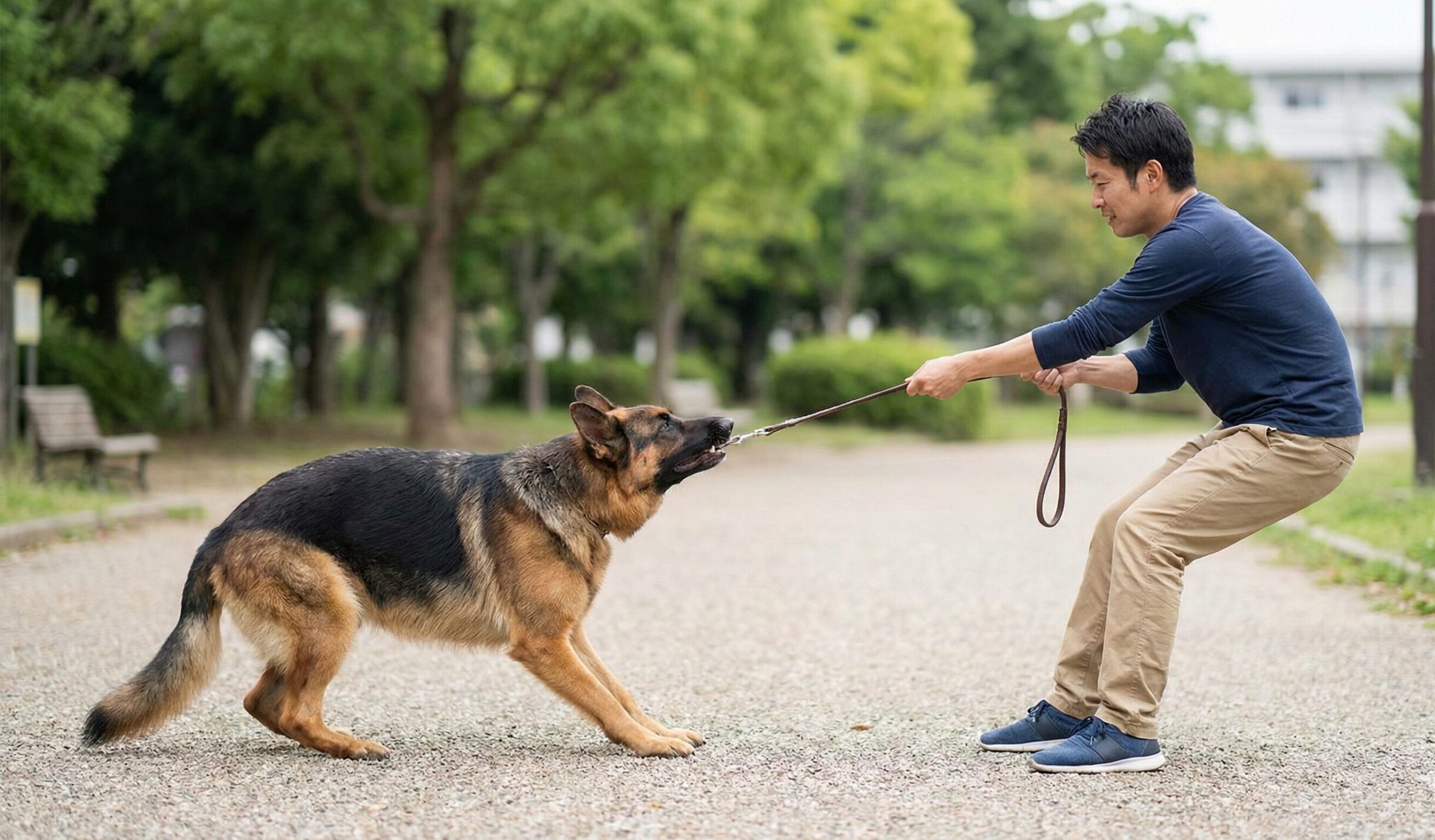 飼い主がリードを後ろに引き、大型犬が前足で踏ん張って対抗している「対立反射」による綱引き状態の様子。