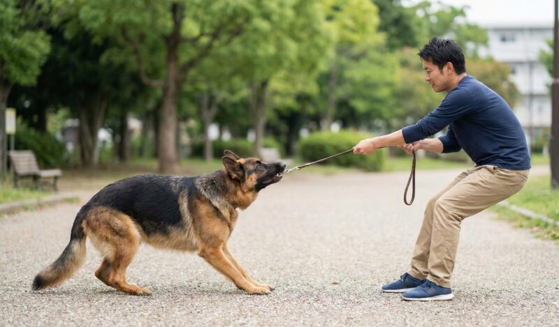 飼い主がリードを後ろに引き、大型犬が前足で踏ん張って対抗している「対立反射」による綱引き状態の様子。