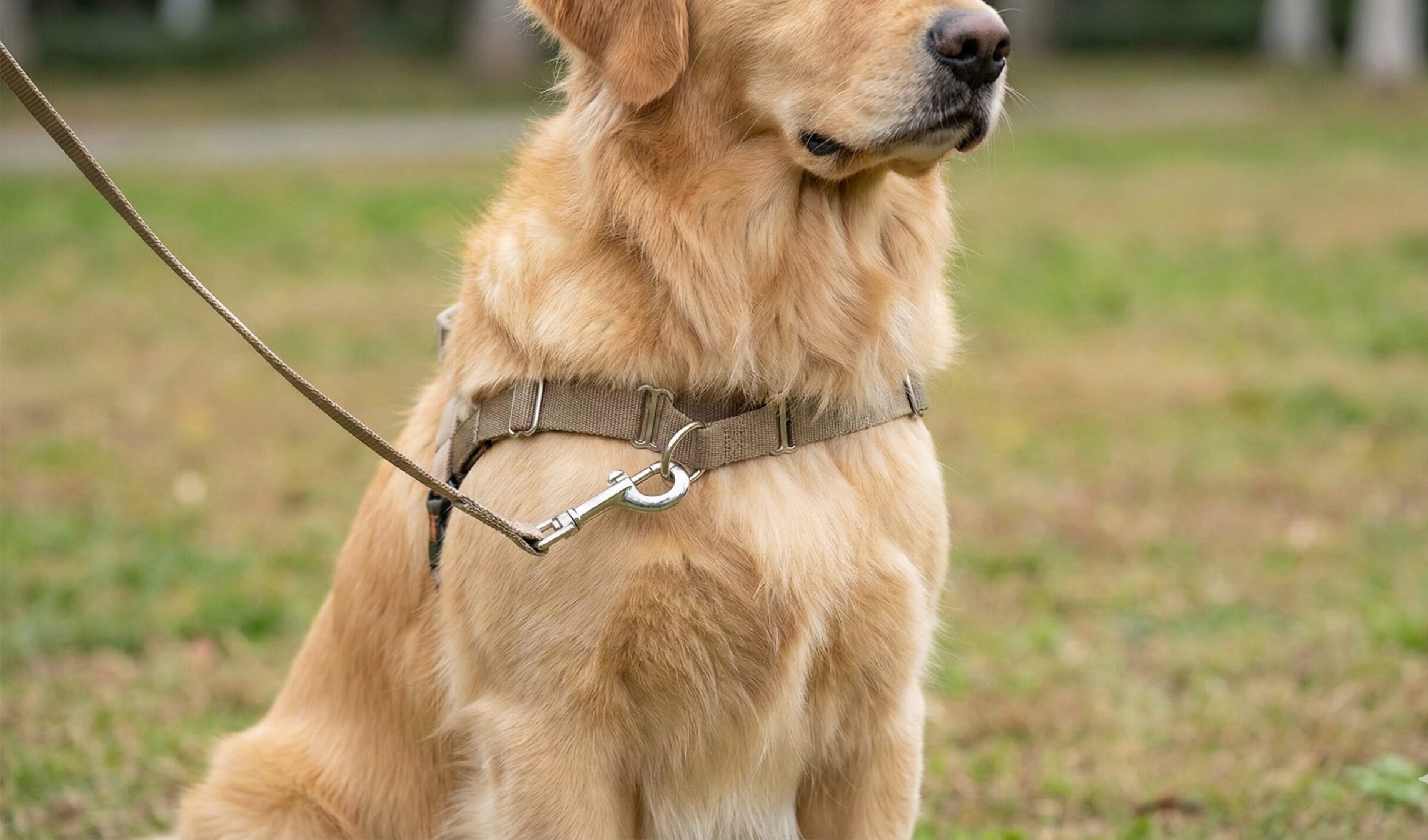 引っ張り防止に効果的なフロントクリップハーネス(前胸接続型ハーネス)を装着した大型犬の胸元のクローズアップ。リードが胸の前のリングに接続されている。