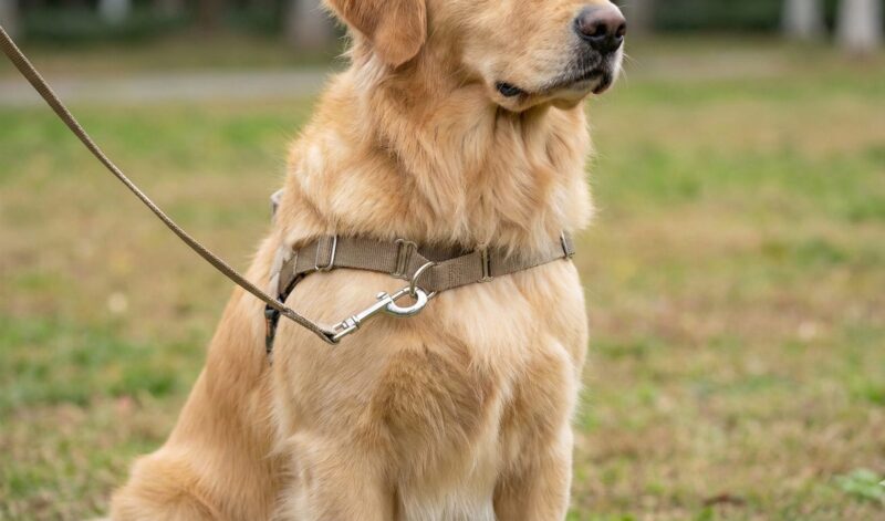 引っ張り防止に効果的なフロントクリップハーネス(前胸接続型ハーネス)を装着した大型犬の胸元のクローズアップ。リードが胸の前のリングに接続されている。