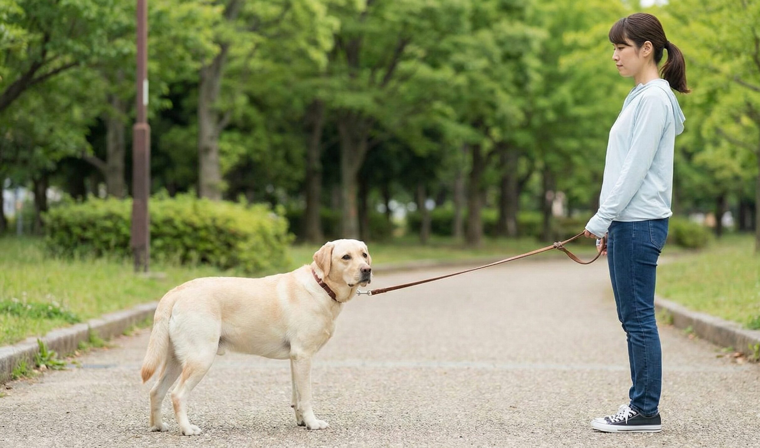 リードが張った瞬間に飼い主が立ち止まる「ストップ&ゴー」トレーニングの実践風景。飼い主は静止し、犬が振り返っている。